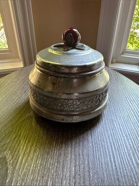 Vintage Music Box, Silver Metal with Red Finial